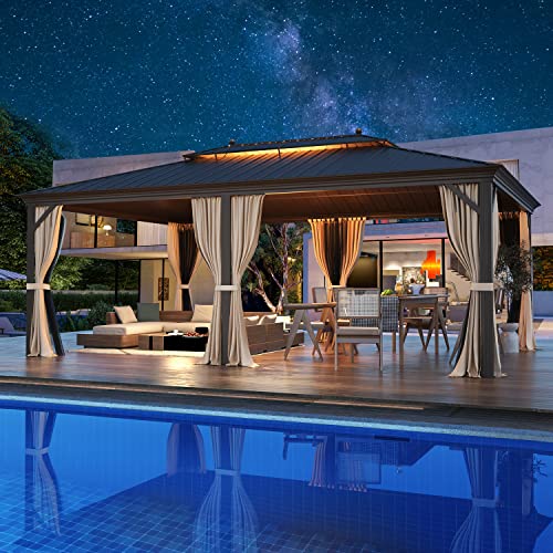 12x16 ft Hardtop Gazebo with Galvanized Steel Roof, Curtains and Netting V821