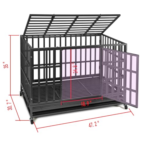 Heavy Duty Dog Kennel Crate with Metal Frame, Double Doors and Lockable Wheels, 48 Inch D891
