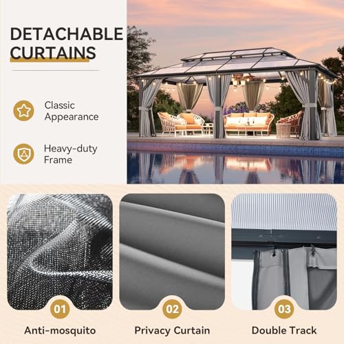 12x16 Hardtop Gazebo with Netting and Curtains, Aluminum Frame, Polycarbonate Roof N71921