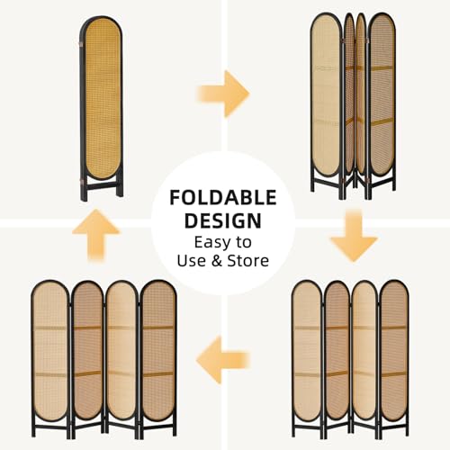 Foldable Wooden Room Divider with Hand-Woven Rattan Panels X6131