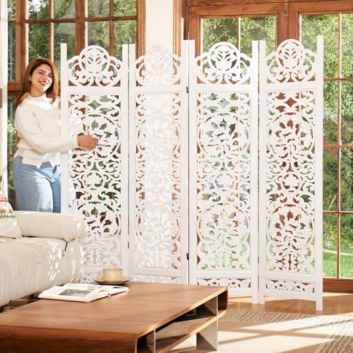 Wood Carved Room Divider 4 Panel Folding Screen Z937290