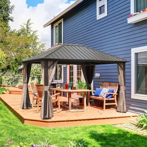 10 x 10 ft Hardtop Gazebo with Netting and Curtains, Galvanized Steel Roof for Patio and Garden X50618