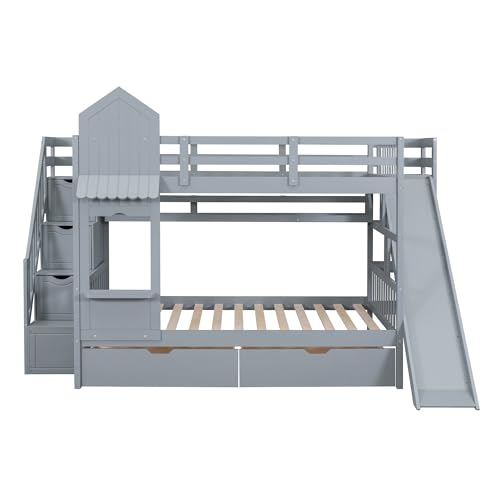 Twin Over Twin Bunk Bed with Stairs and Slide, Solid Wood Frame with Storage Y2445