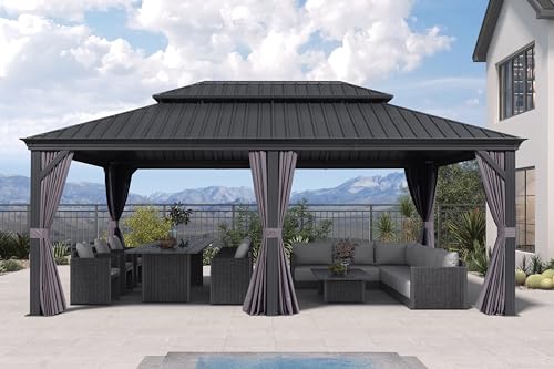 10' x 14' Permanent Hardtop Gazebo with Galvanized Steel Double Roof, Curtains and Netting Included M96664