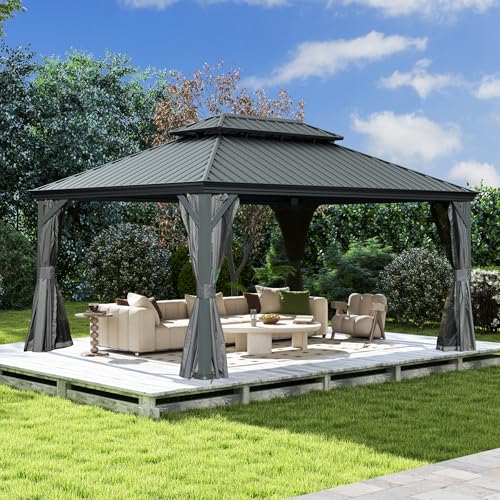 10 x 10 ft Hardtop Gazebo with Netting and Curtains, Galvanized Steel Roof for Patio and Garden X50618