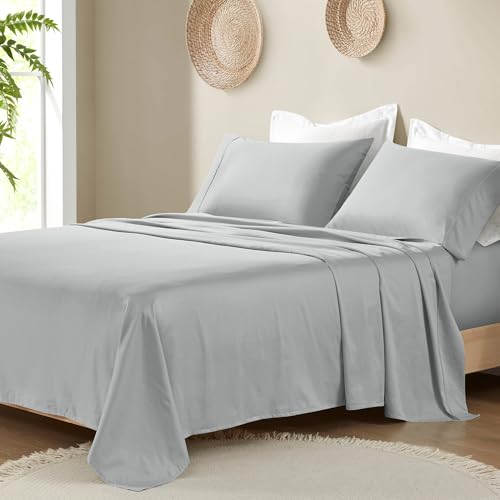 Madison Park Organic Cotton Sheet Soft & Breathable 300TC Cotton Sheets, Elastic Deep Pocket Sheet Set Fits Up to 18" Mattress, All Seasons, Lightweight, 100% Cotton Bed Sheets, Queen Grey 4 Piece