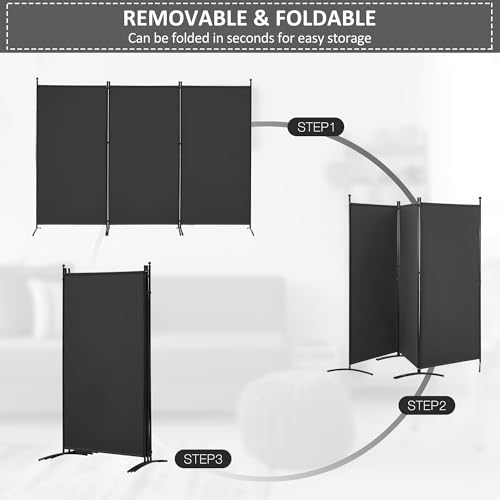 3 Panel Room Divider Folding Partition Privacy Screen, Freestanding Fabric Panel, 102" W x 71" H, Black V153