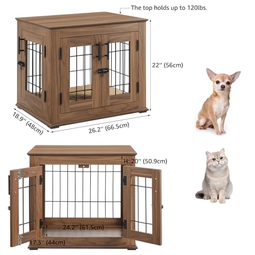 Wooden Dog Crate End Table with Double Doors and Pet Bed T245171