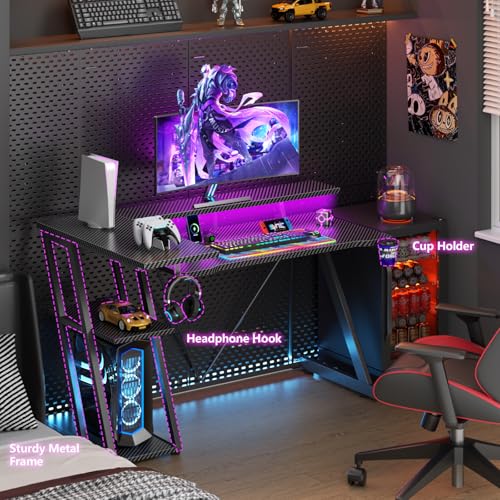 L Shaped Gaming Desk with Power Outlet and LED Lights T64283