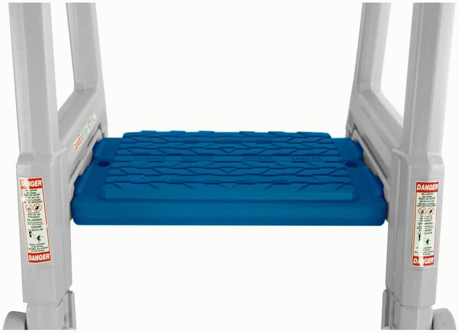 Above Ground Swimming Pool Step & Ladder, Heavy Duty, White Frame with Blue and Gray Steps, Deck Height Up to 60 Inches V291