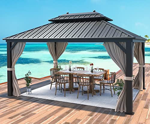 10'x13' Hardtop Gazebo with Polycarbonate Double Roof, Aluminum Frame, Curtains and Netting N263