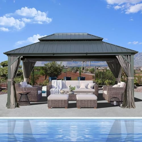 10 x 10 ft Hardtop Gazebo with Netting and Curtains, Galvanized Steel Roof for Patio and Garden X50618