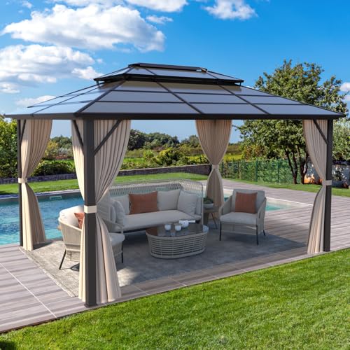 10'x13' Hardtop Gazebo with Polycarbonate Double Roof, Aluminum Frame, Curtains and Netting N263