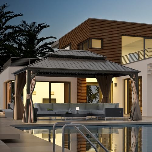 10 x 10 ft Hardtop Gazebo with Netting and Curtains, Galvanized Steel Roof for Patio and Garden X50618