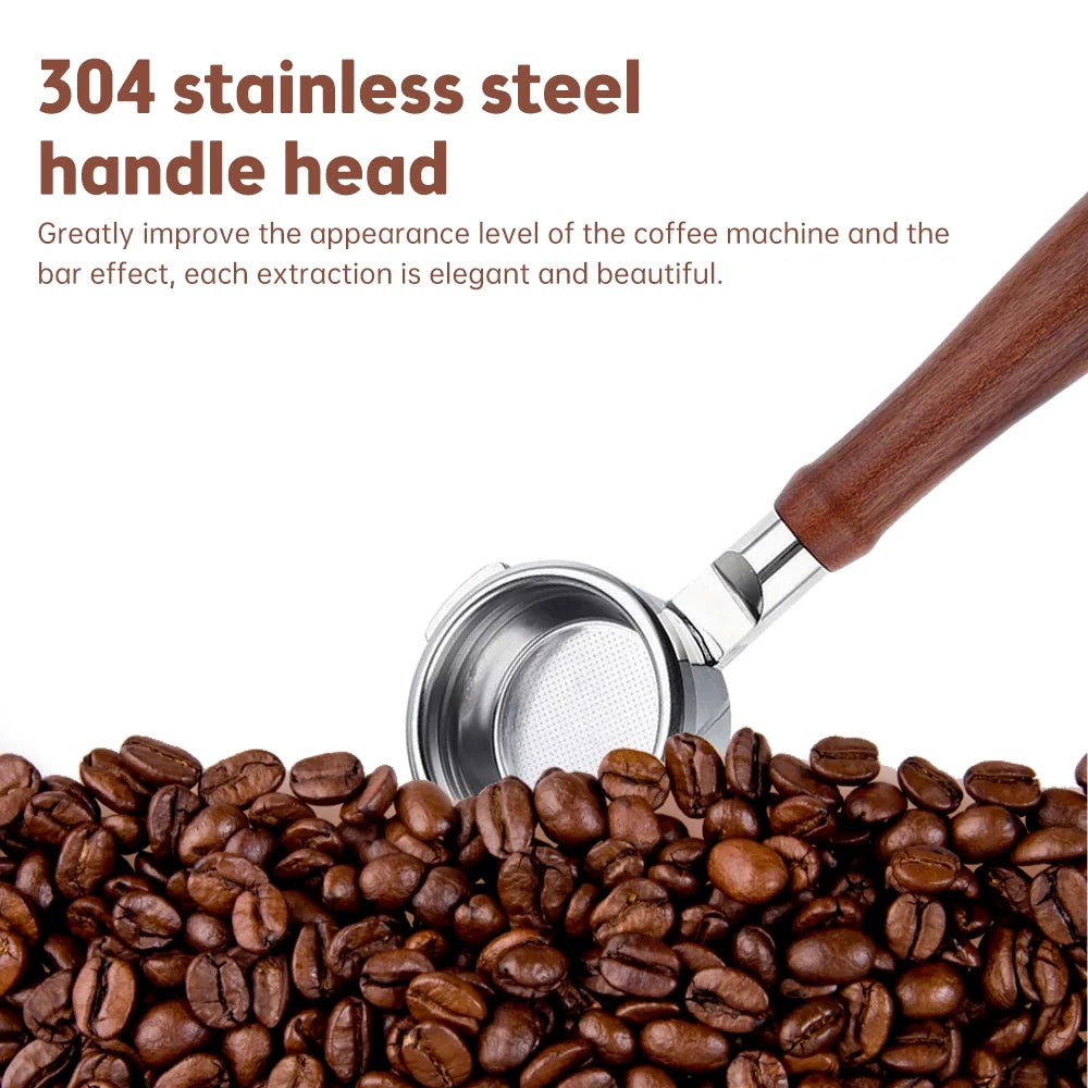 54mm Stainless Steel Bottomless Portafilter with Wood Handle, Filter, Basket, Spoon, and Brush G8121