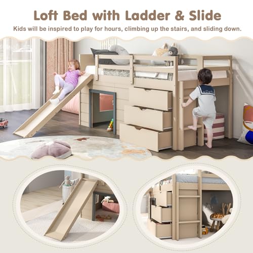 Twin Low Loft Bed with 3 Storage Drawers, Slide, Ladder & Guardrails B4129