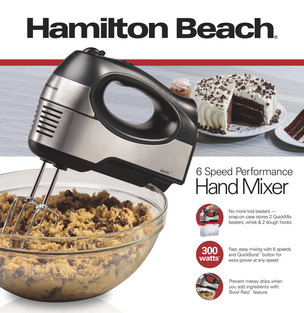 6 Speed Hand Mixer with Case and 5 Attachments, Stainless Steel T26539