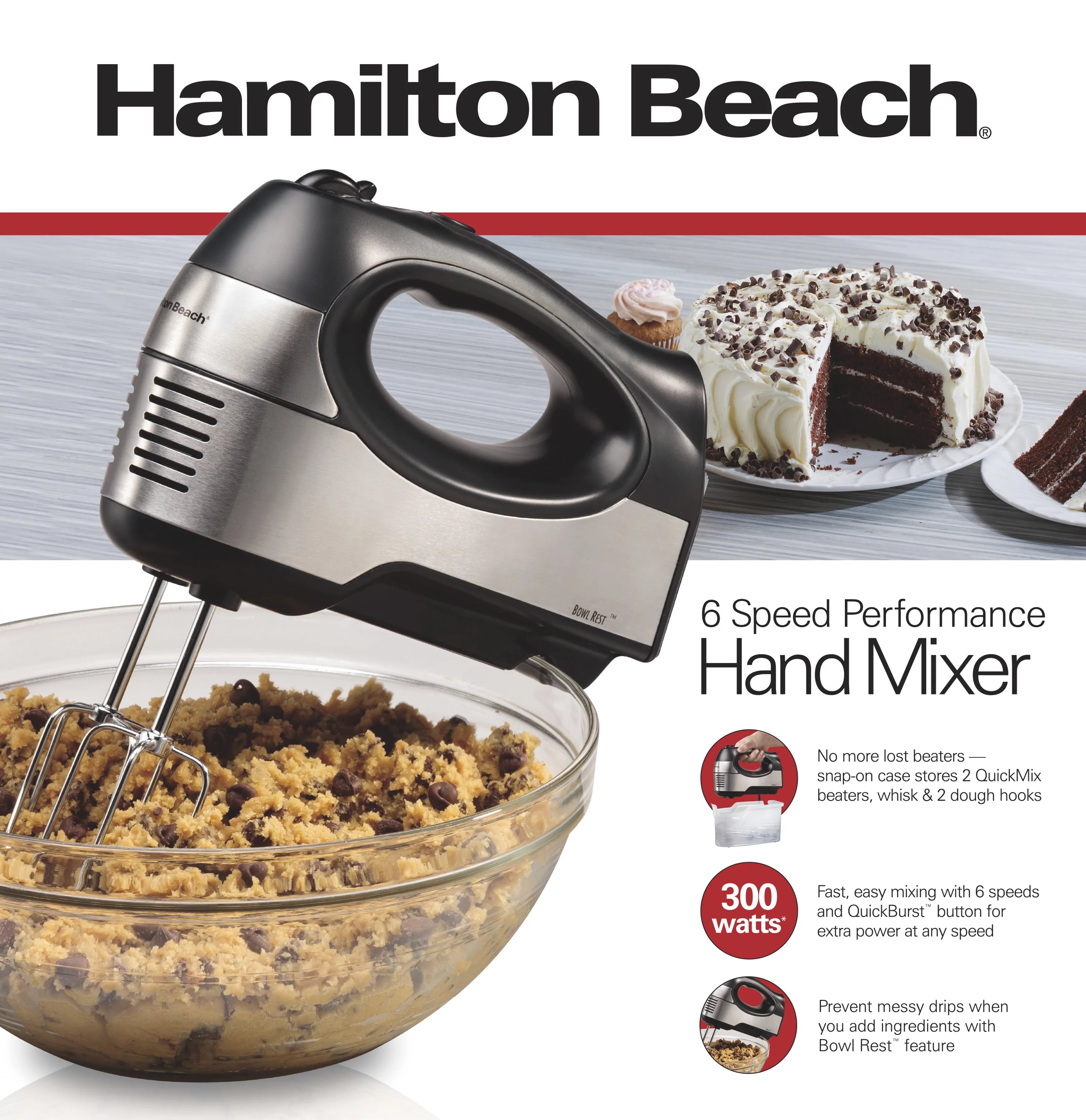6 Speed Hand Mixer with Case and 5 Attachments, Stainless Steel T26539