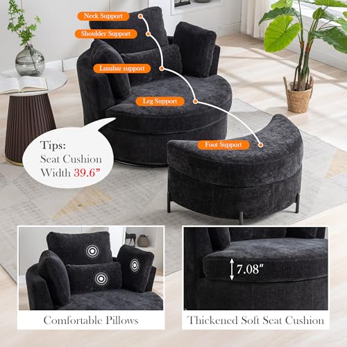Oversized Swivel Barrel Chair with Ottoman, Chenille, Beige X252712