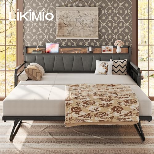 Daybed with Trundle and Storage Headboard, Twin Size, Grey M473750