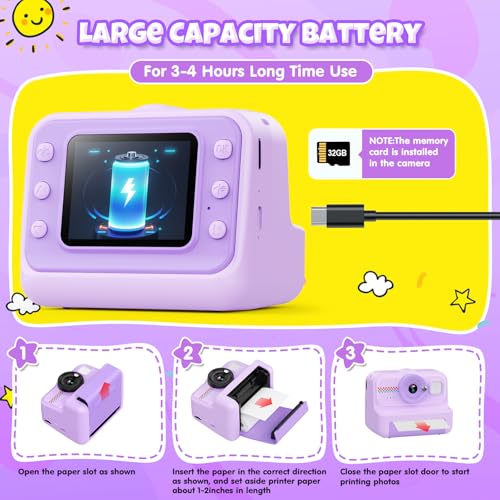 Kids Instant Print Camera 1080P HD with 3 Rolls Paper & 32GB Card V473