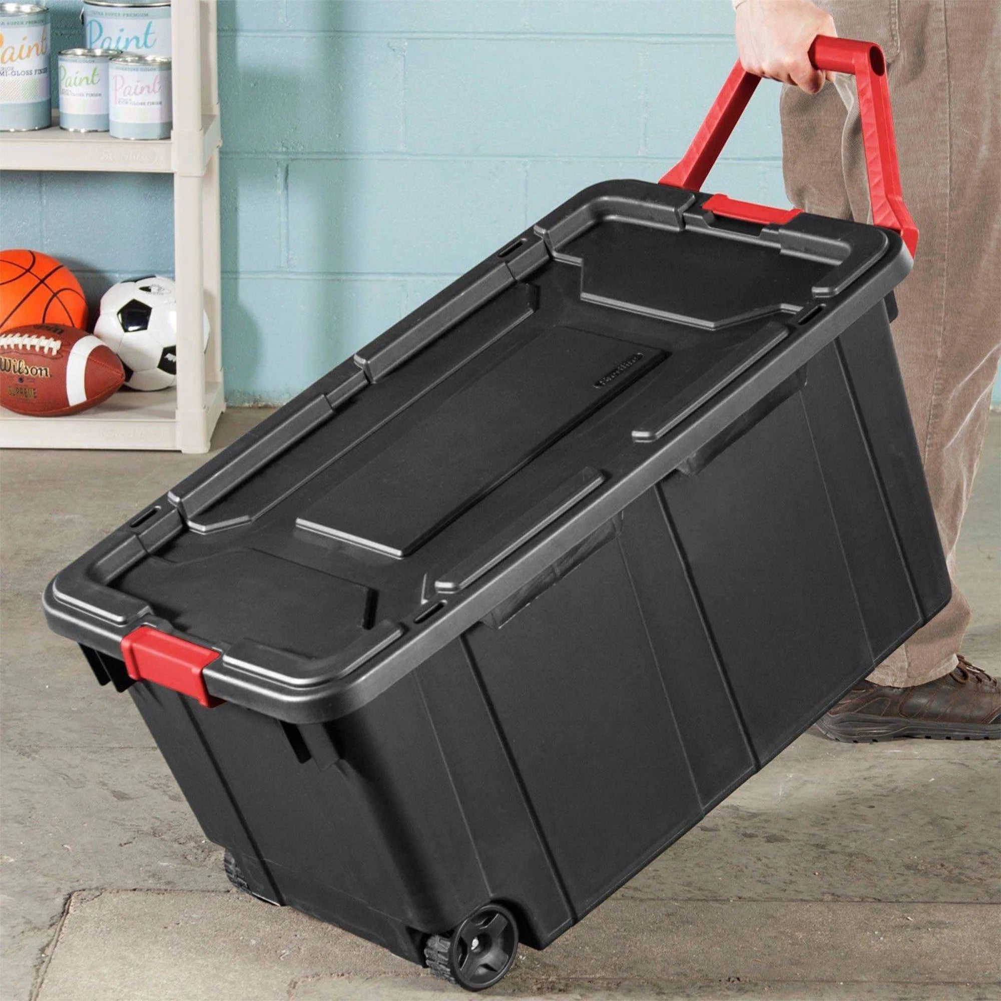 40 Gallon Wheeled Industrial Storage Tote, Black (8 Pack) B695