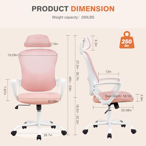 Ergonomic High-Back Mesh Office Chair with Wheels, Pink X2221