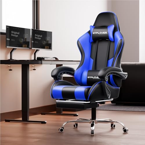 Gaming Chair with Footrest and Lumbar Support, Height Adjustable, 360° Swivel, Blue U7447