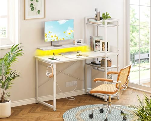 Reversible Gaming Desk with USB Charging Port and LED Lights, 40 Inch Computer Desk with Storage Shelves C134