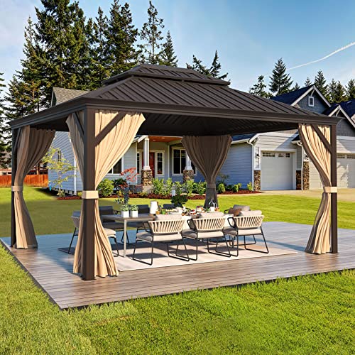 12x16 ft Hardtop Gazebo with Galvanized Steel Roof, Curtains and Netting V821