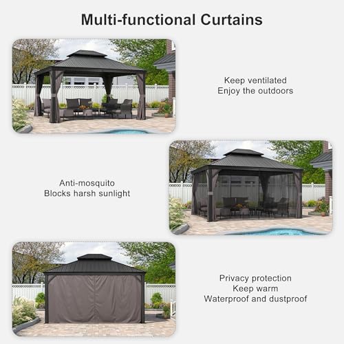 10' x 14' Permanent Hardtop Gazebo with Galvanized Steel Double Roof, Curtains and Netting Included M96664