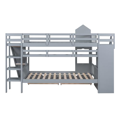 Twin Over Twin Bunk Bed with Stairs and Slide, Solid Wood Frame with Storage Y2445