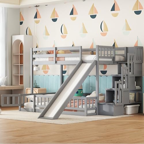 Twin Over Full Bunk Bed with Slide and Storage Stairs C57577