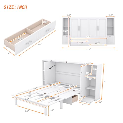 Murphy Bed Chest with Shelves, Foldable Wood Platform Bed Frame I45495