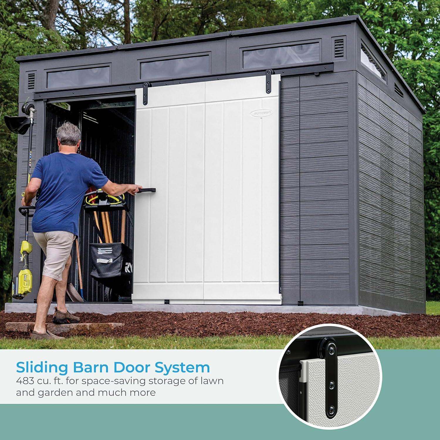 Outdoor Plastic Storage Shed 10x7 ft with Sliding Barn Door, Gray and Black G809