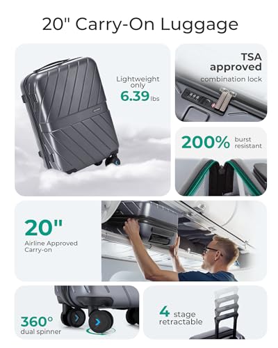 Carry On Luggage 22x14x9 with TSA Lock, Hardside Spinner Suitcase 20 inch Black P3277