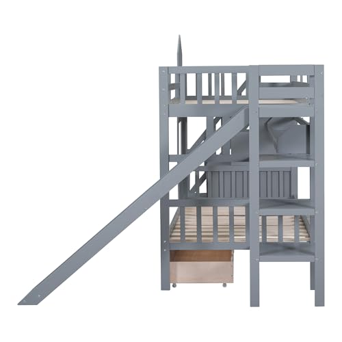 Twin Over Twin Bunk Bed with Stairs and Slide, Solid Wood Frame with Storage Y2445