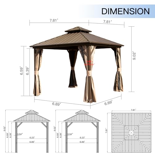10 x 10 ft Hardtop Gazebo with Netting and Curtains, Galvanized Steel Roof for Patio and Garden X50618