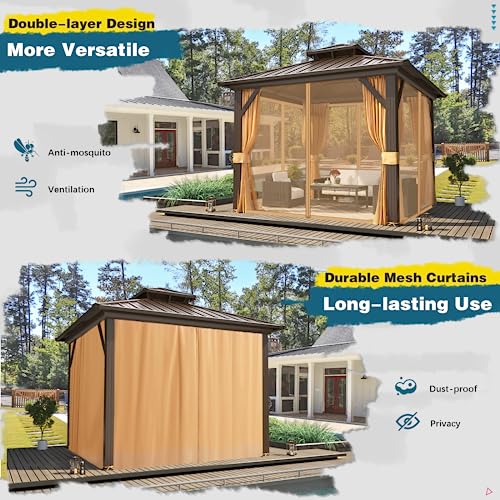 10'x13' Hardtop Gazebo with Polycarbonate Double Roof, Aluminum Frame, Curtains and Netting N263