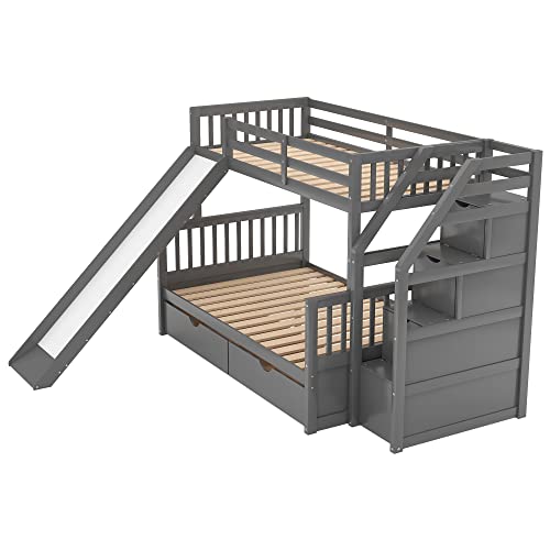 Twin Over Full Bunk Bed with Slide and Stairs for Kids E212