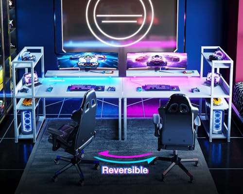 Reversible Gaming Desk with USB Charging Port and LED Lights, 40 Inch Computer Desk with Storage Shelves C134