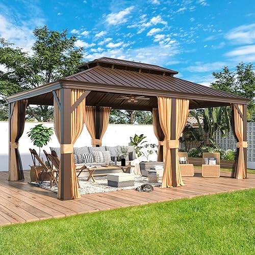 12x16 ft Hardtop Gazebo with Galvanized Steel Roof, Curtains and Netting V821