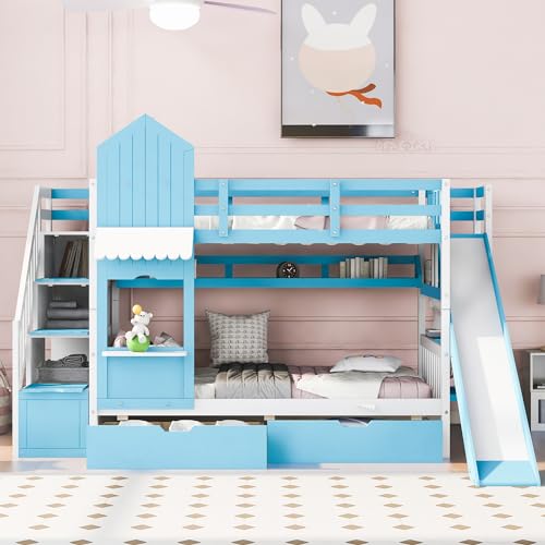 Kids Bunk Bed with Stairs and Slide, Twin Over Twin, Gray E77813