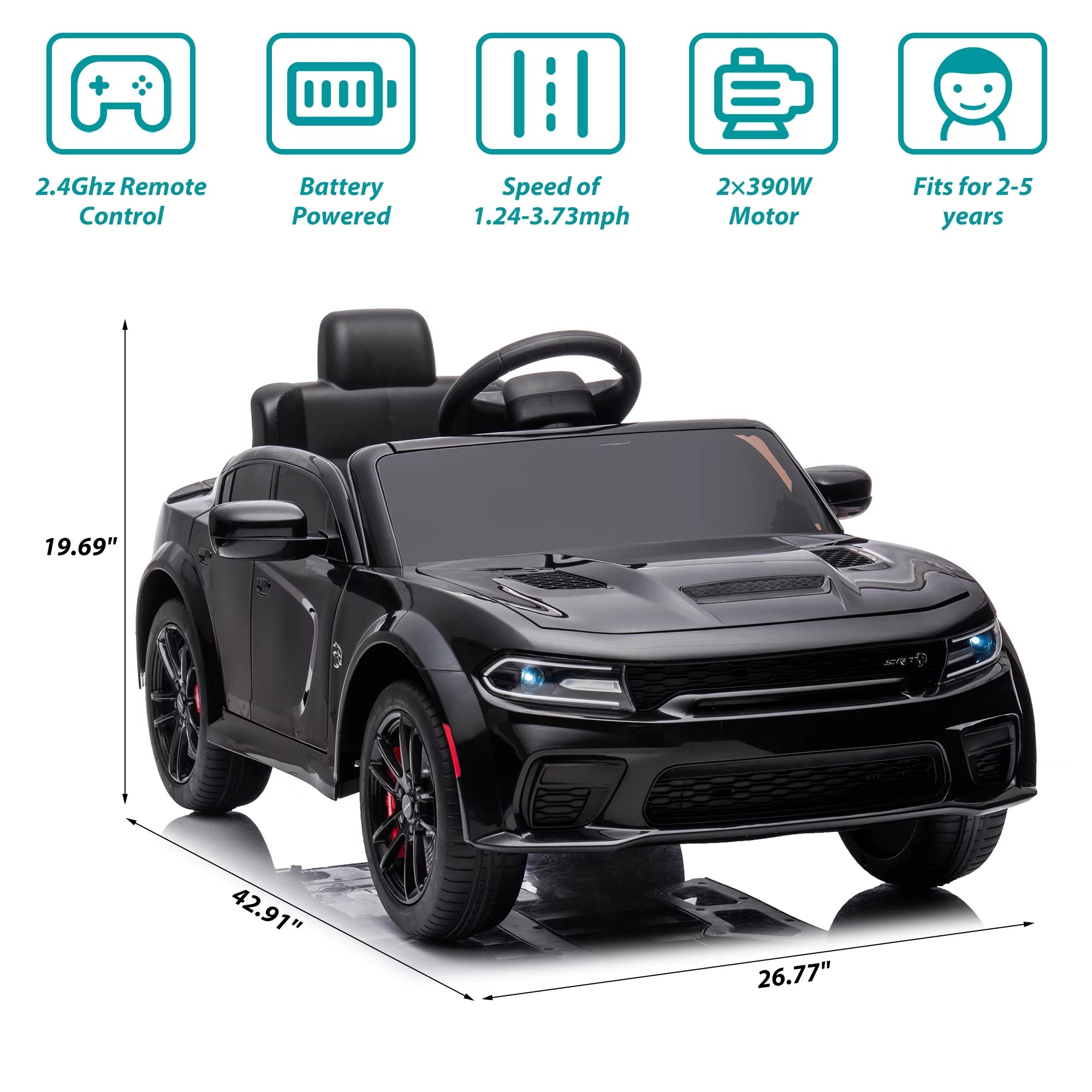 12V Black Dodge Charger Ride On Car with Remote Control, Kids Electric Toy with Bluetooth, LED Light, 4 Wheel Suspension B4884