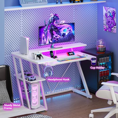 L Shaped Gaming Desk with Power Outlet and LED Lights T64283