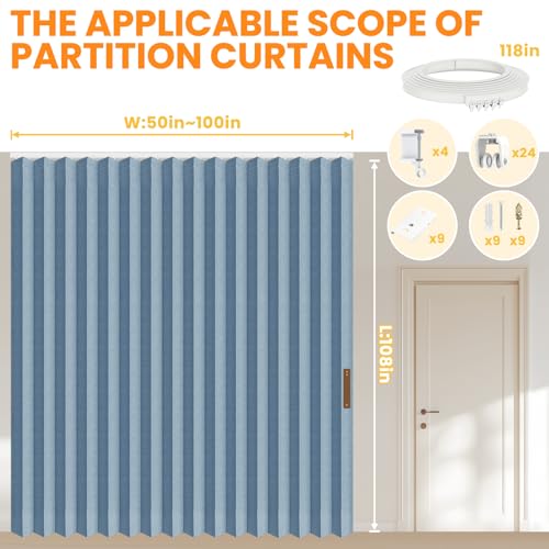 Accordion Room Divider Curtains with Ceiling Track, Grey, W100 x L84 J296