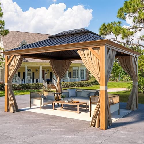 12x16 ft Hardtop Gazebo with Galvanized Steel Roof, Curtains and Netting V821