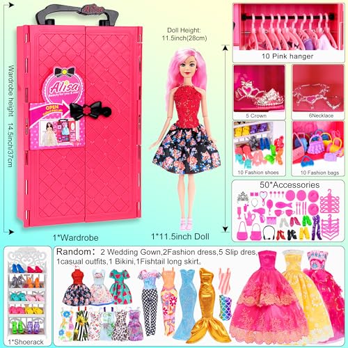 105 Pcs Doll Wardrobe Playset with Doll, Clothes, Shoes and Hangers N690