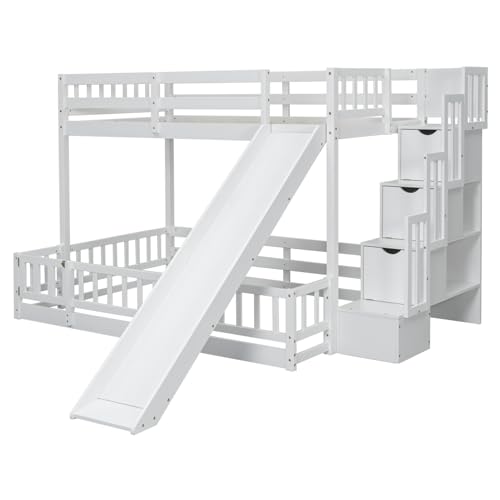 Twin Over Full Bunk Bed with Slide and Storage Stairs C57577