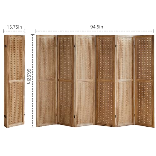 Wooden Pegboard Room Divider, 5.6Ft Folding Privacy Screen P5676